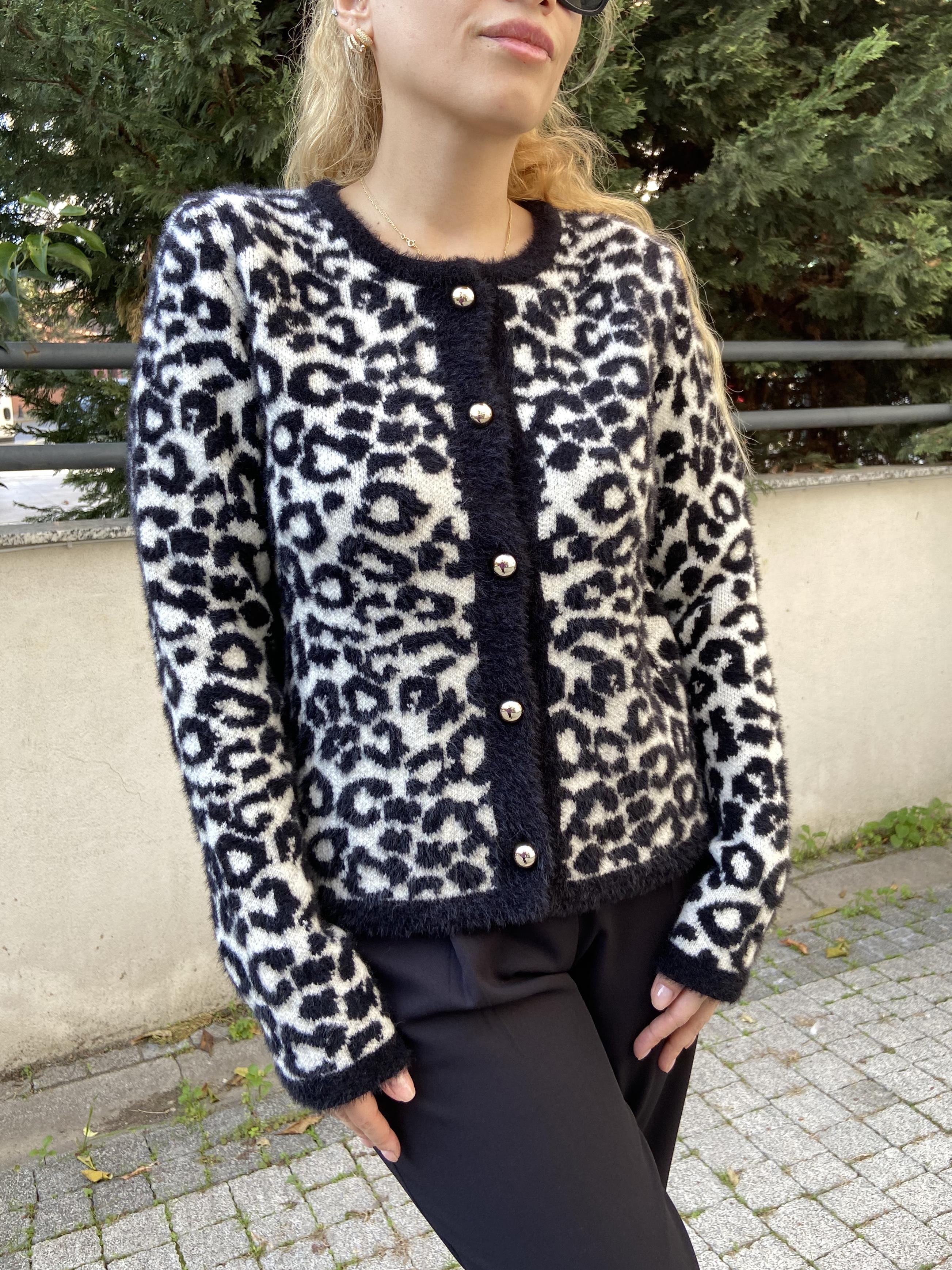 Siyah/Beyaz Leo Desen Yün Karışımlı Hırka