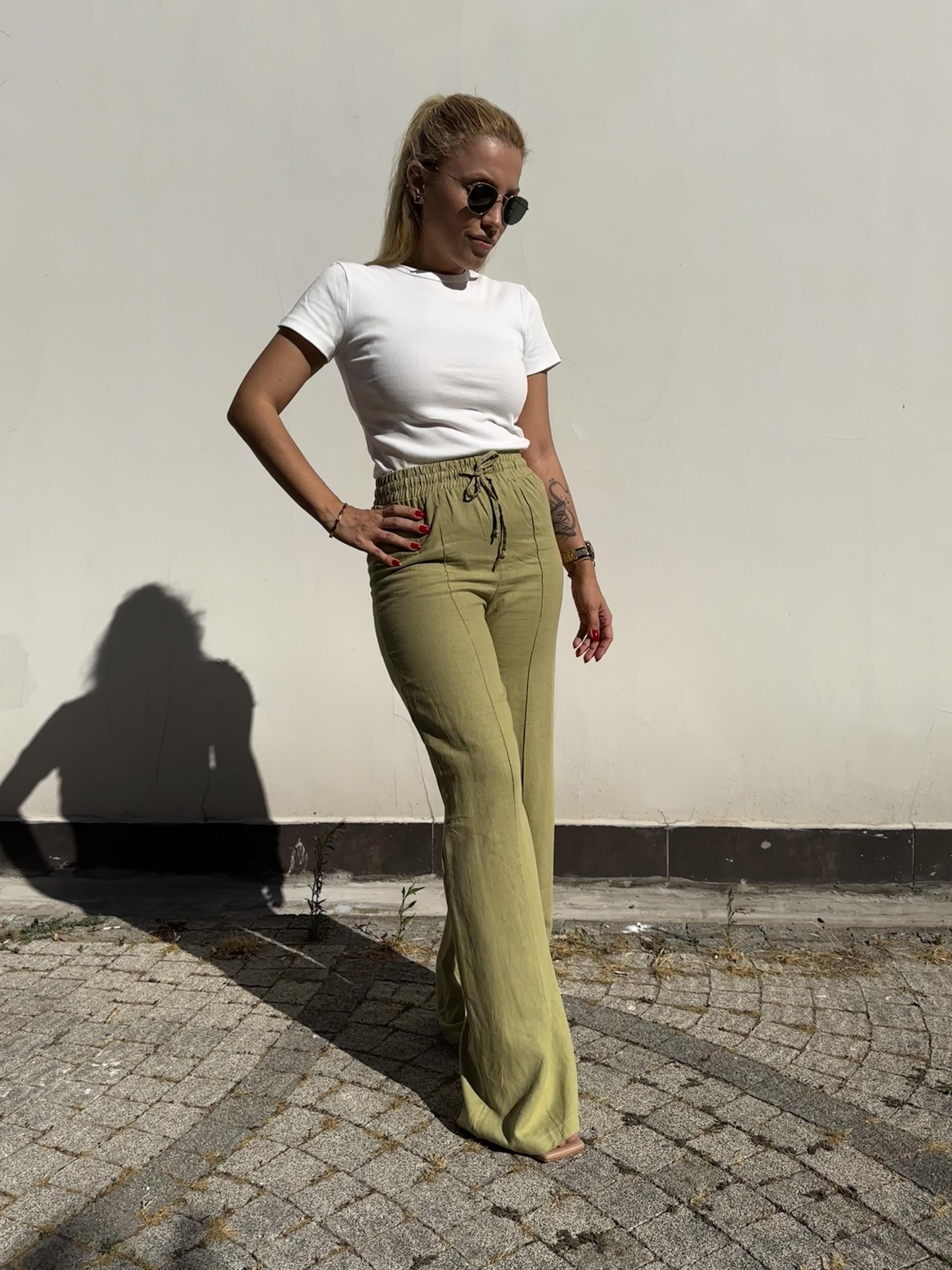Yeşil Renk Beli Lastikli Astarlı Keten Pantolon