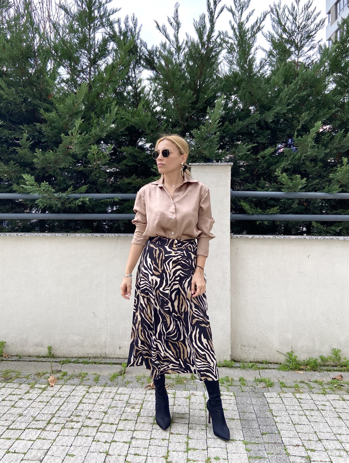 zebra desenli midi saten etek