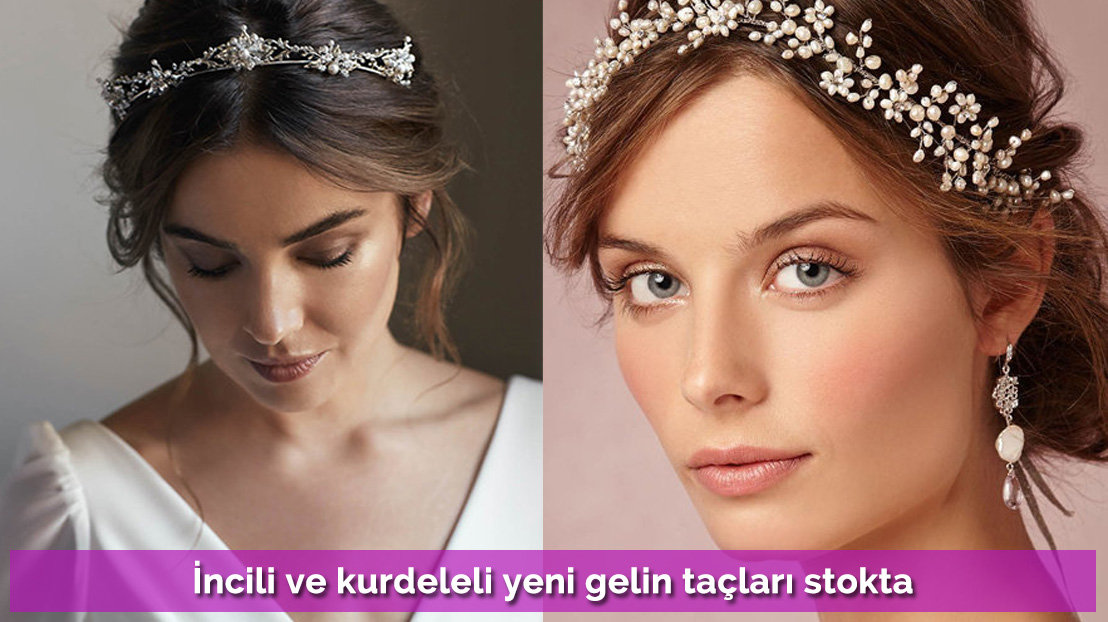 İncili ve kurdeleli yeni gelin taçları stokta