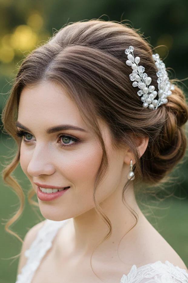 2'li Set İnci Ve Kristal Boncuklu Gelin Saç Aksesuarı El Yapımı Gelin Tacı Tokası Nişan Ve Nikah Seti