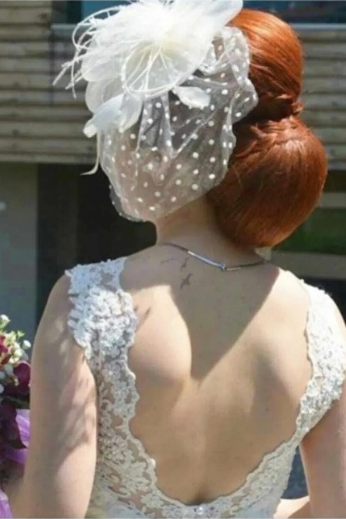 Beyaz Puantiyeli Gelin Kepi Nikah Şapkası Vualet