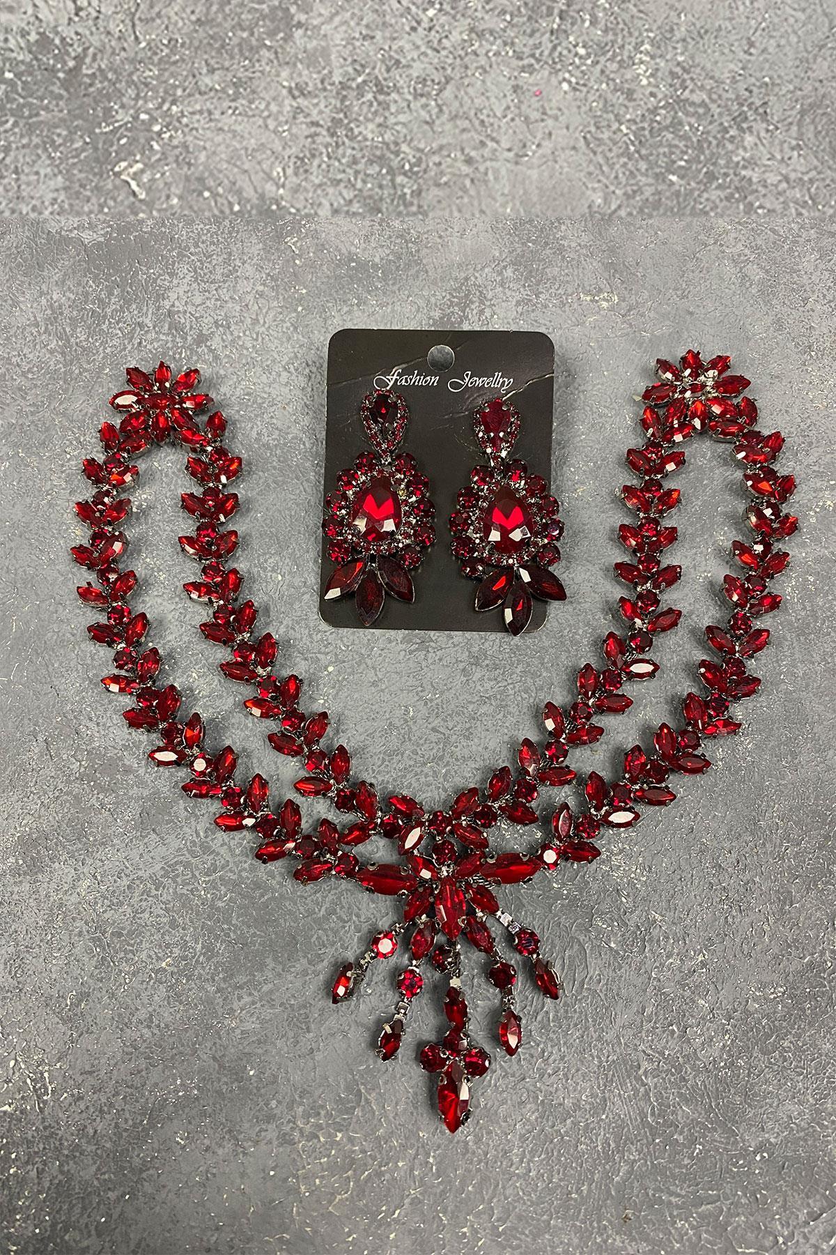 Bordo Sultan Model Alınlık Gelin Kına Saç Aksesuarı Ve Küpe Seti
