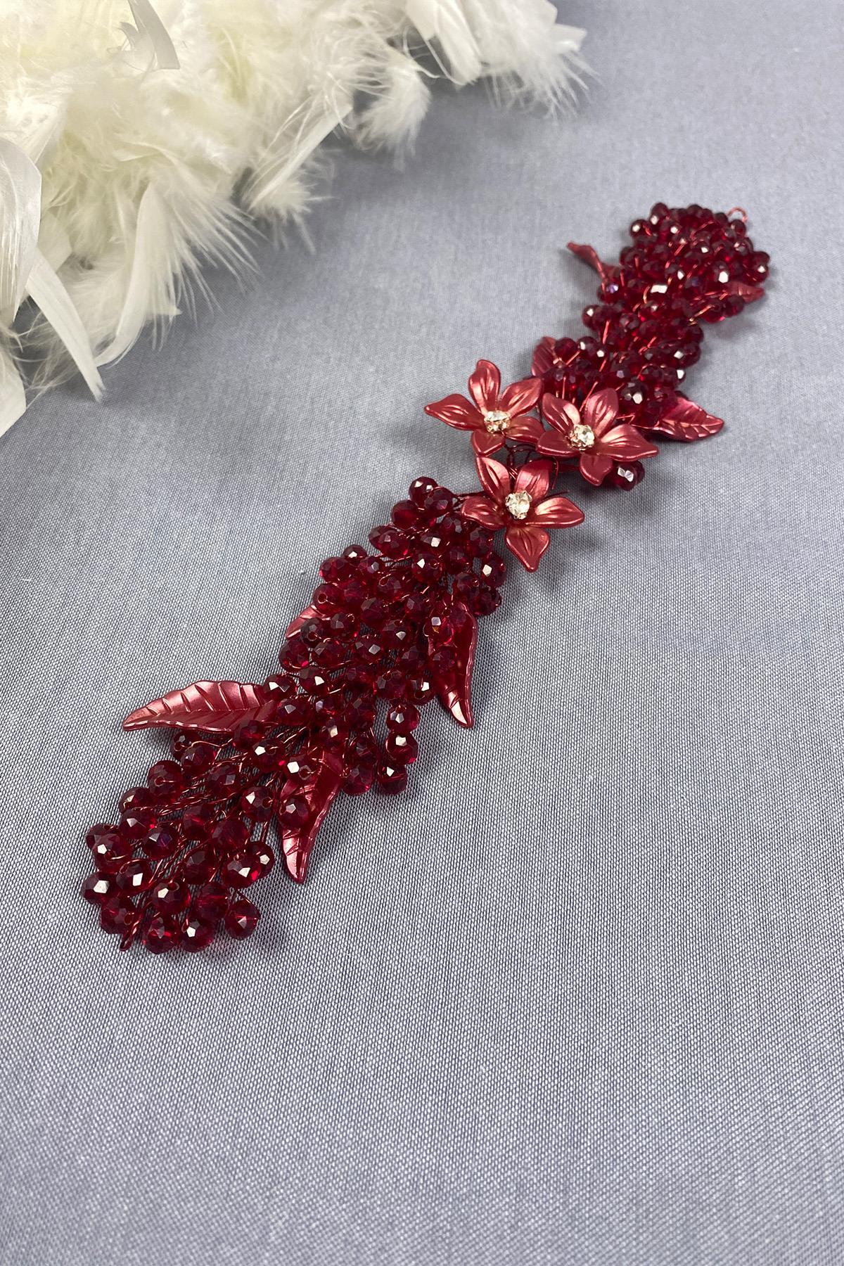 Bordo Yaprak ve Kristal Boncuklu Gelin Saç ve Türban Aksesuarı
