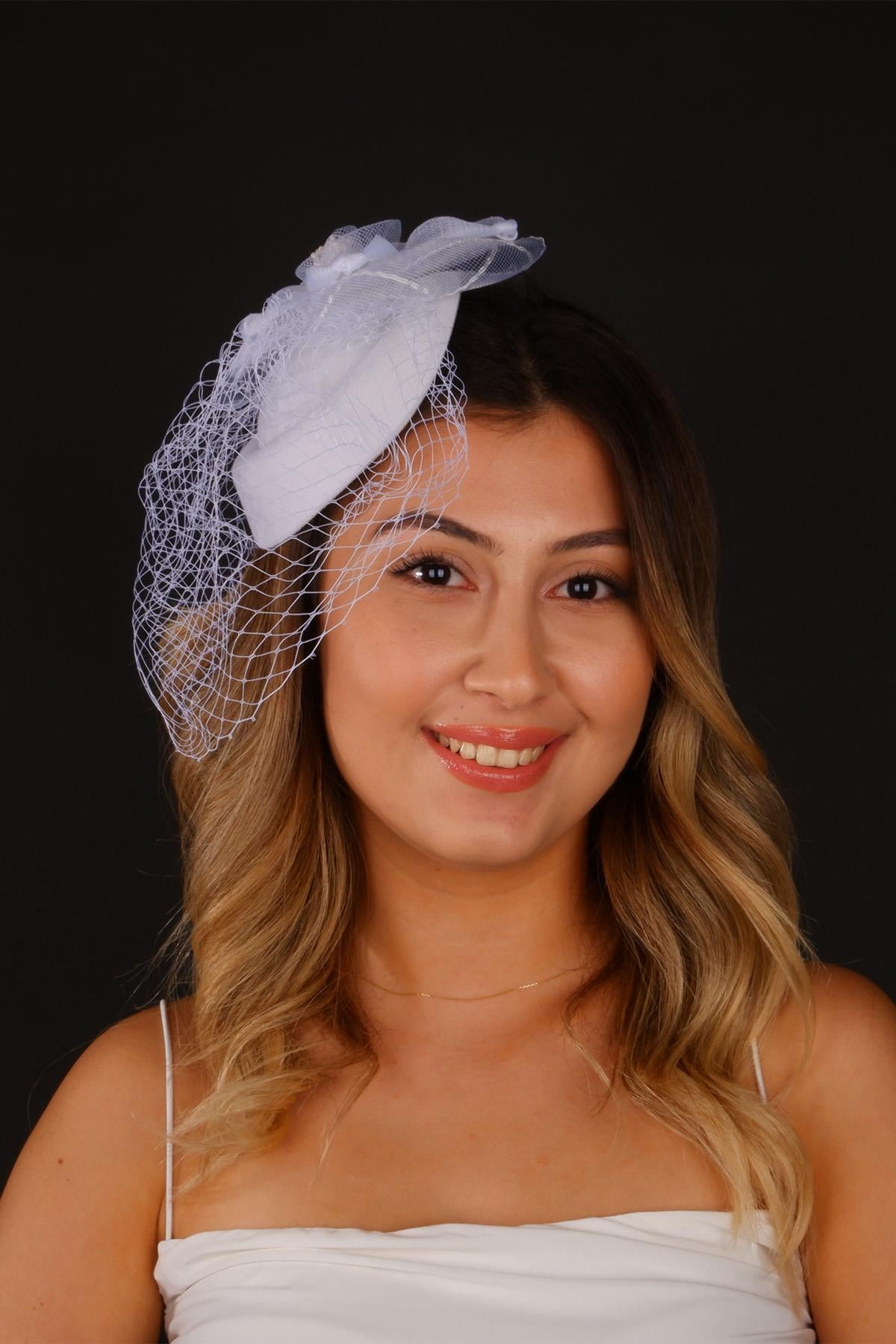 Kırık Beyaz Vualet Nikah Şapkası Canel Gelin Aksesuarı