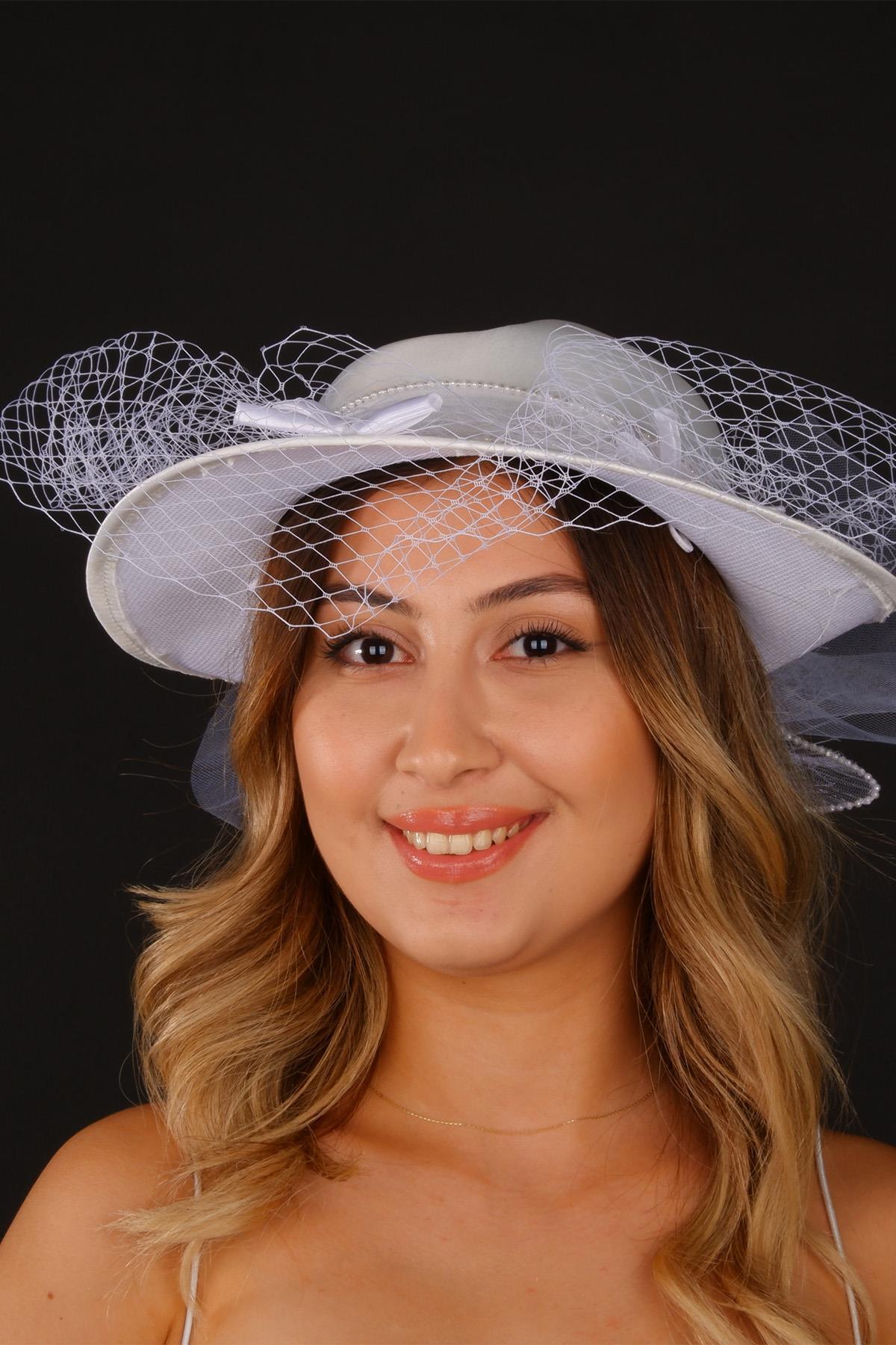 Kırık Beyaz Vualet Nikah Şapkası İzem İncili Gelin Aksesuarı