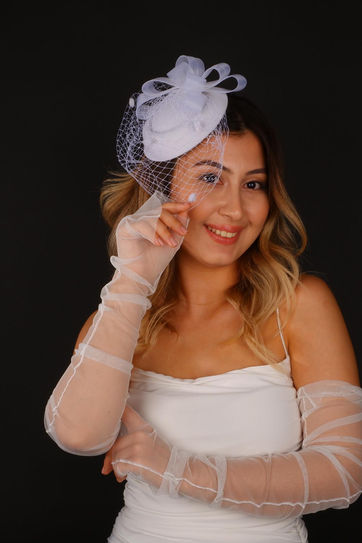 Kırık Beyaz Vualet Nikah Şapkası Selis Gelin Aksesuarı Ve Tül Eldiven