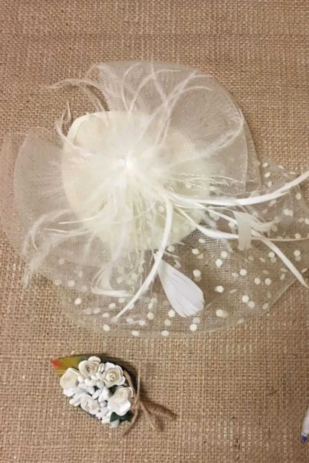 Puantiyeli Gelin Kepi Nikah Şapkası Vualet Damat Yaka Çiçeği Ve Tüylü Kalem 3lü Set