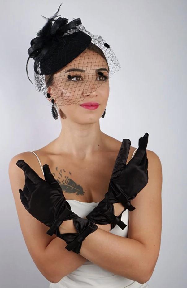 Siyah Dantelli Gelin Eldiveni Düğün Nikah Aksesuarı Fascinator Şapka Seti