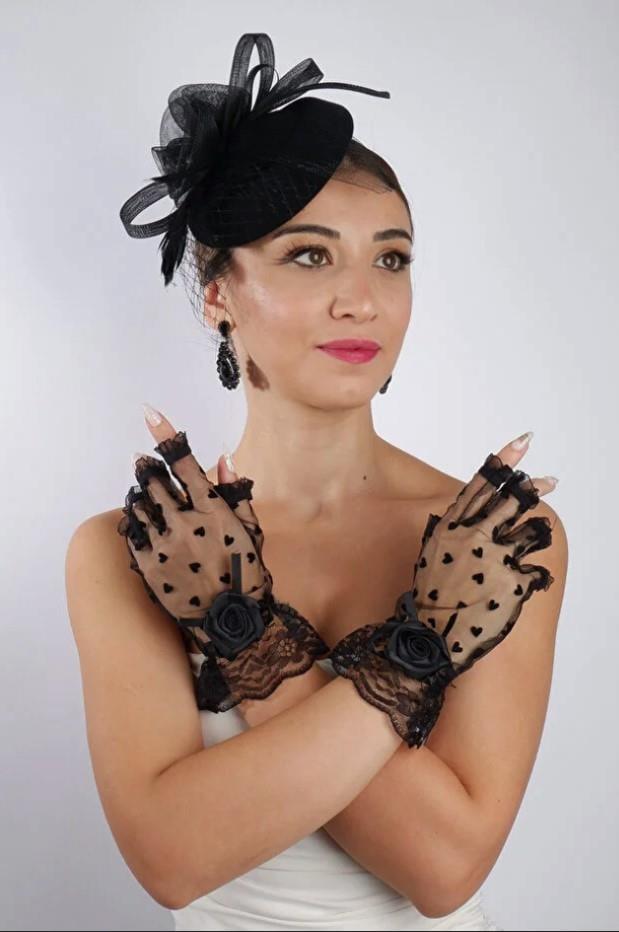 Siyah Kısa Kalpli Fiyonklu Gelin Eldiveni Düğün Nikah Aksesuarı Fascinator Şapka Seti