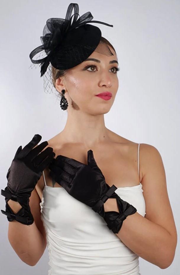 Siyah Kısa Saten Gelin Eldiveni Düğün Nikah Aksesuarı Fascinator Şapka Seti
