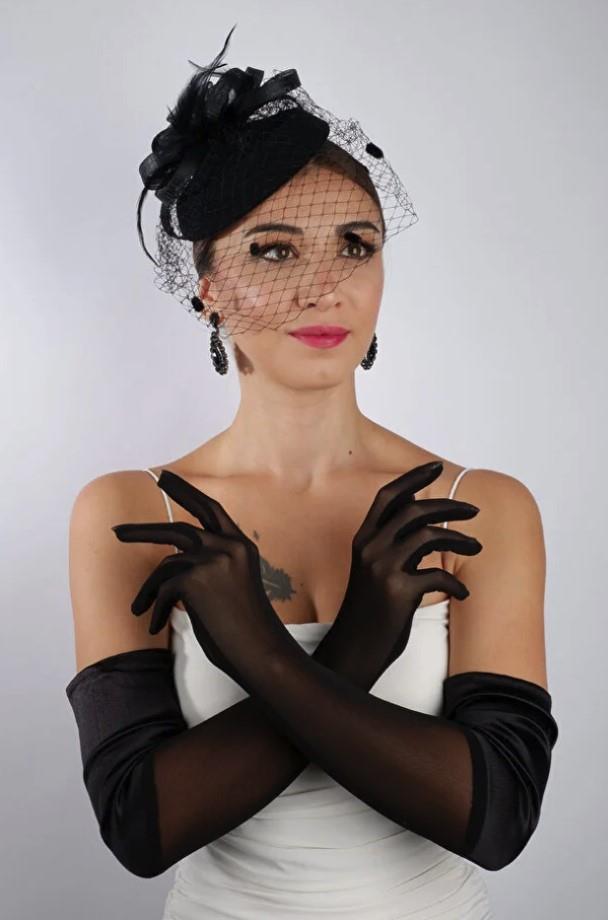 Siyah Saten Tül Gelin Eldiveni ve Düğün Nikah Fascinator Şapka Seti