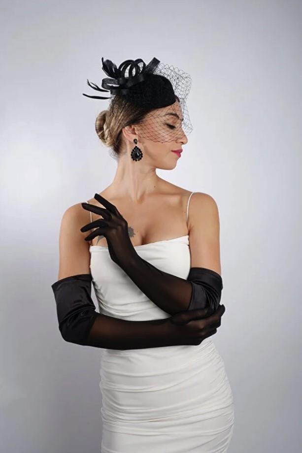 Siyah Yarı Saten Tül Gelin Eldiveni ve Düğün Nikah Fascinator Şapka Seti