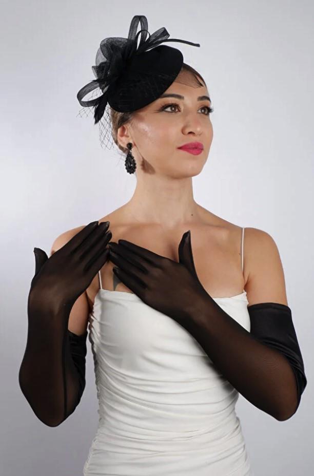 Siyah Yarı Saten Tül Gelin Eldiveni ve Düğün Nikah Fascinator Şapka Seti
