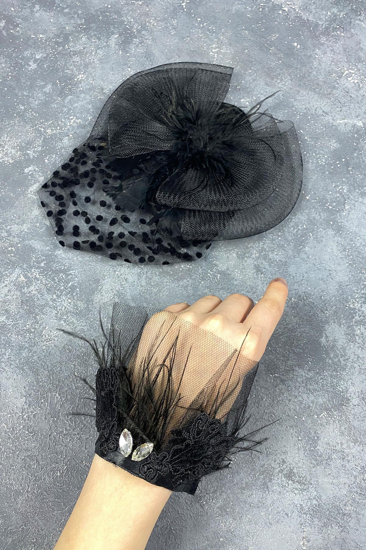 Vualet Puantiyeli Nikah Şapkası Ve Lavin Taşlı Tüylü Bilek Gelin Aksesuarı