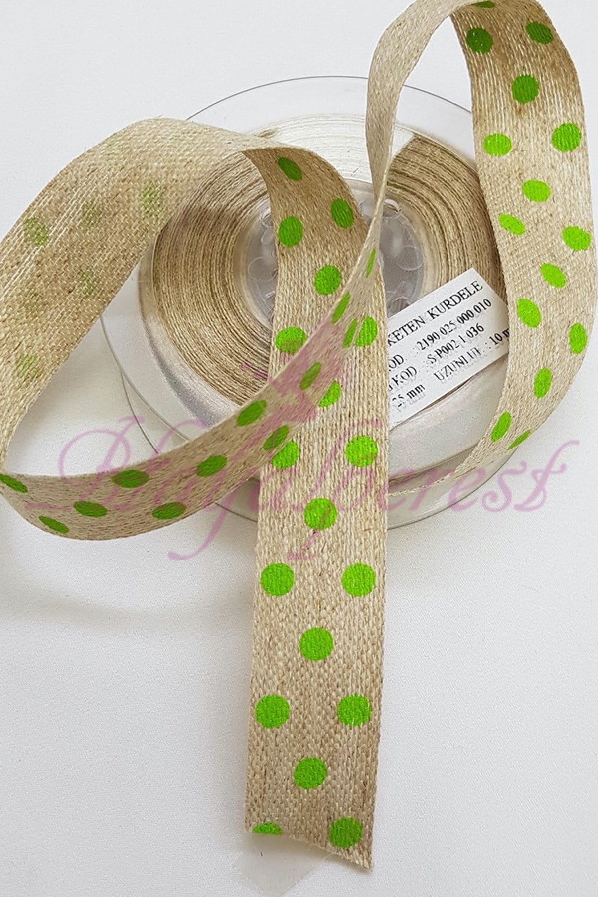 Açık Yeşil Puantiye Baskılı Keten Kurdele 1,5Cm