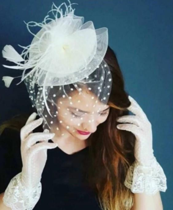 atolyekbk Beyaz Puantiyeli Gelin Kepi Nikah Şapkası Vualet