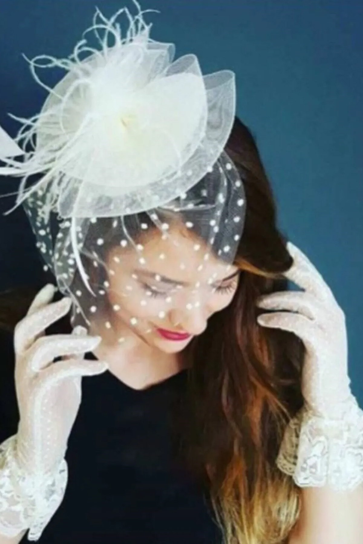 Beyaz Puantiyeli Gelin Kepi Nikah Şapkası Vualet