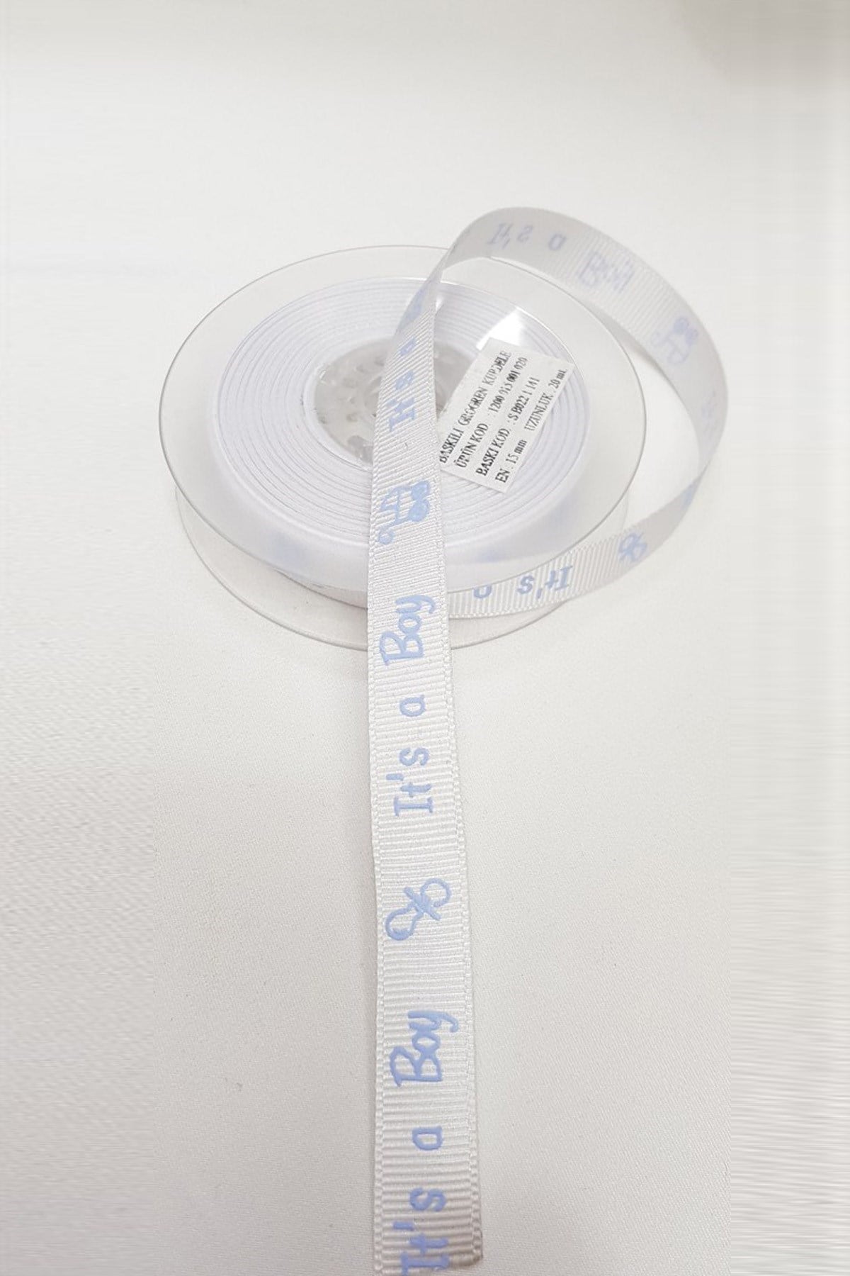 Beyaz Renk Mavi Yazılı Grogren Kurdele Bebek Temalı 1,5 Cm