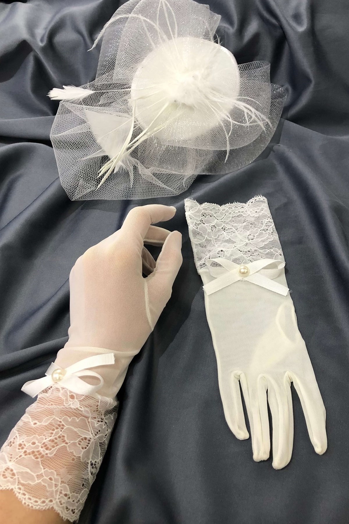 Beyaz Uzun Dantelli Eldiven-Vualet Nikah Şapkası