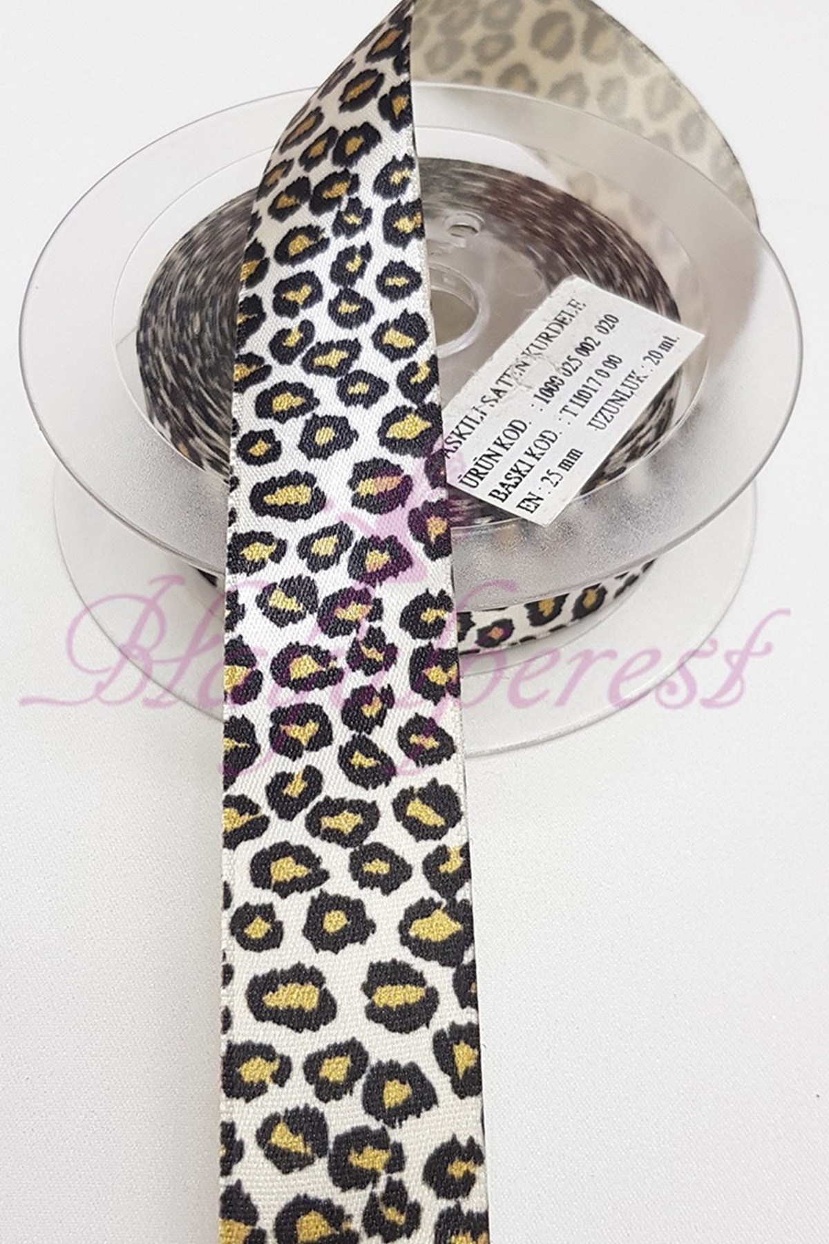 Beyazlı Leopar Baskılı Grogren Kurdele 2,5Cm