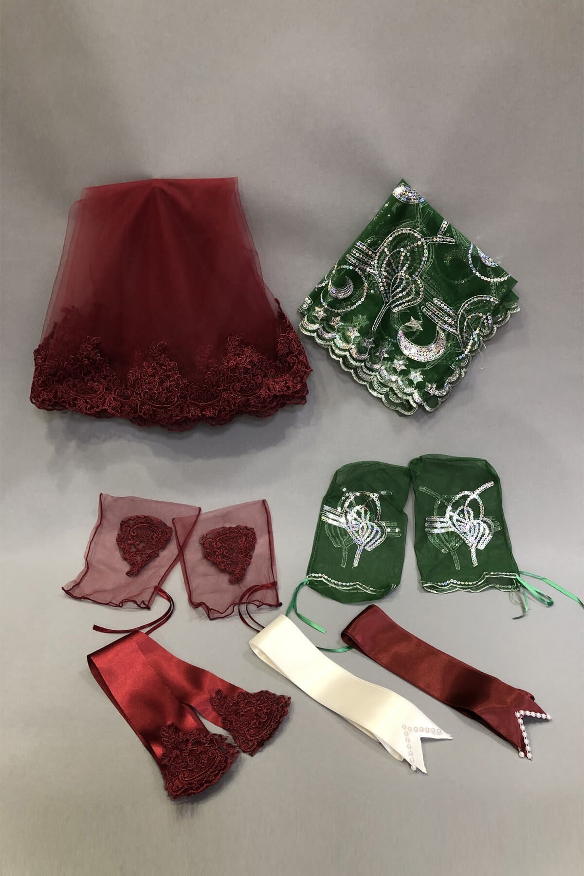 Bordo Gelin Duvağı Damat Örtüsü ve Takı Kurdele Seti