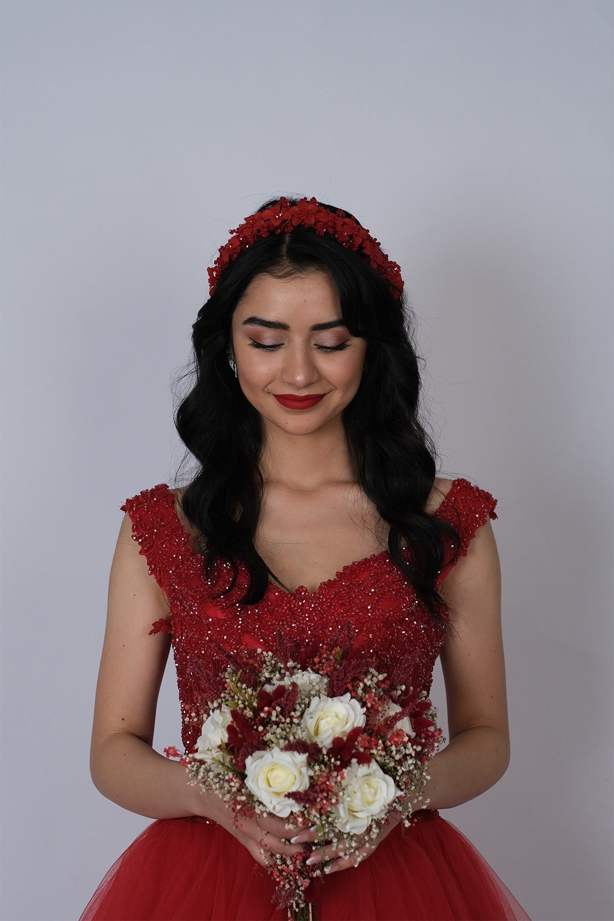 Bordo Nida Çiçek Mineli Gelin Tacı Saç ve Türban Aksesuarı