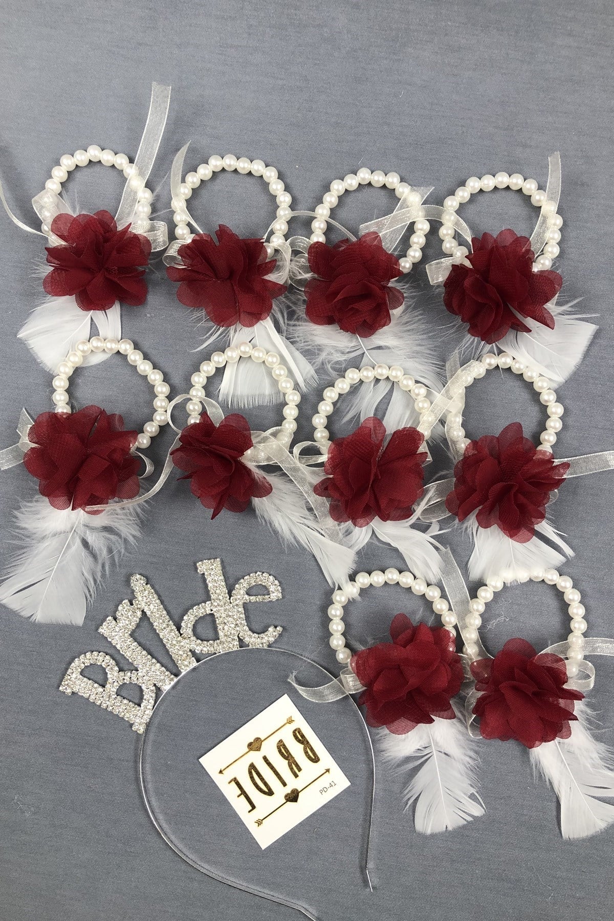 Bride Taç ve Bordo Lazer Çiçekli Nedime Bileklik Seti
