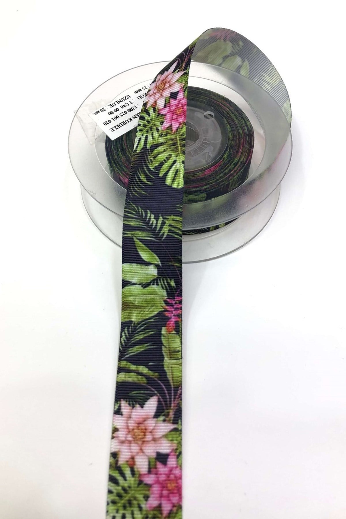 Çiçek ve Yaprak Baskılı Grogren Kurdele 2,5Cm