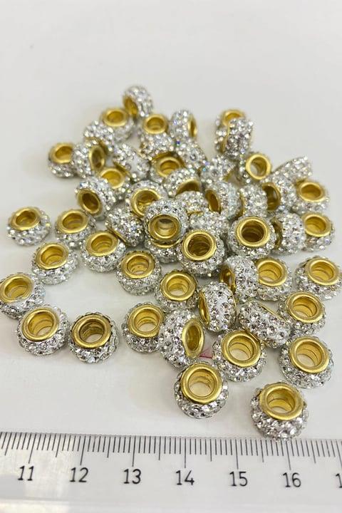 Gold Gümüş Parlak Taşlı İri Delikli Boncuk 12 mm