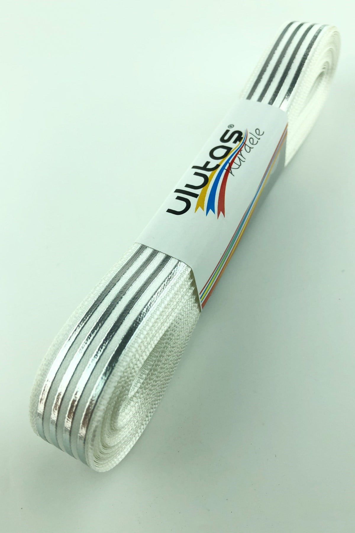 Gümüş Şerit Varak Baskılı Saten Kurdele 1,5 cm