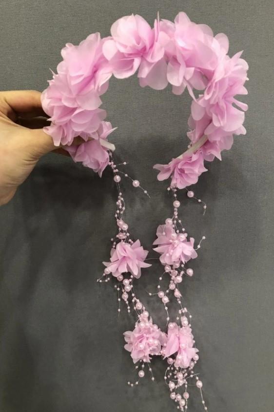 Kadın Kına Eğlence Tacı Pembe Lazer Çiçekli Taç