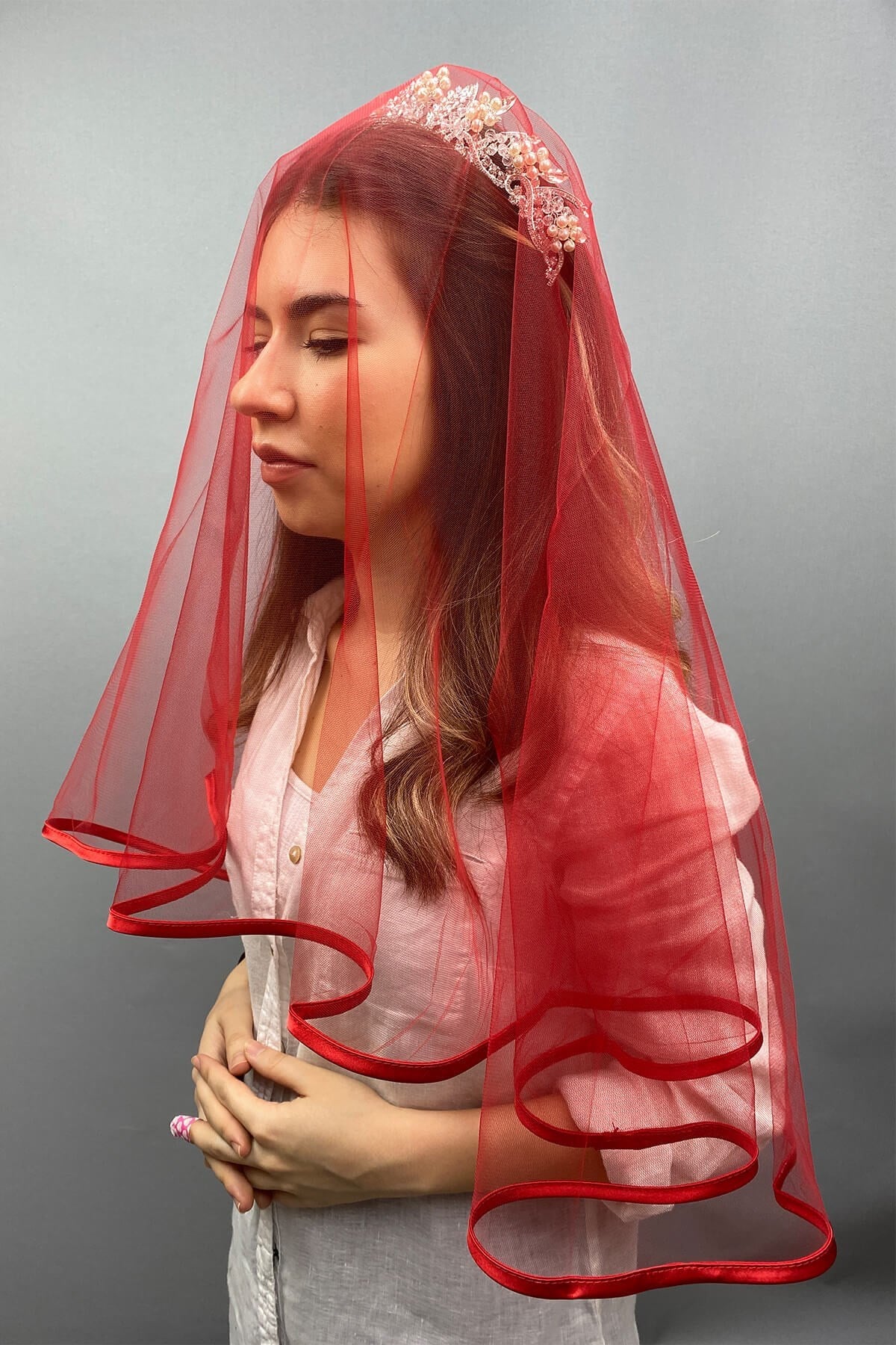 Kırmızı Biyeli Gelin Duvağı Yüz Örtüsü