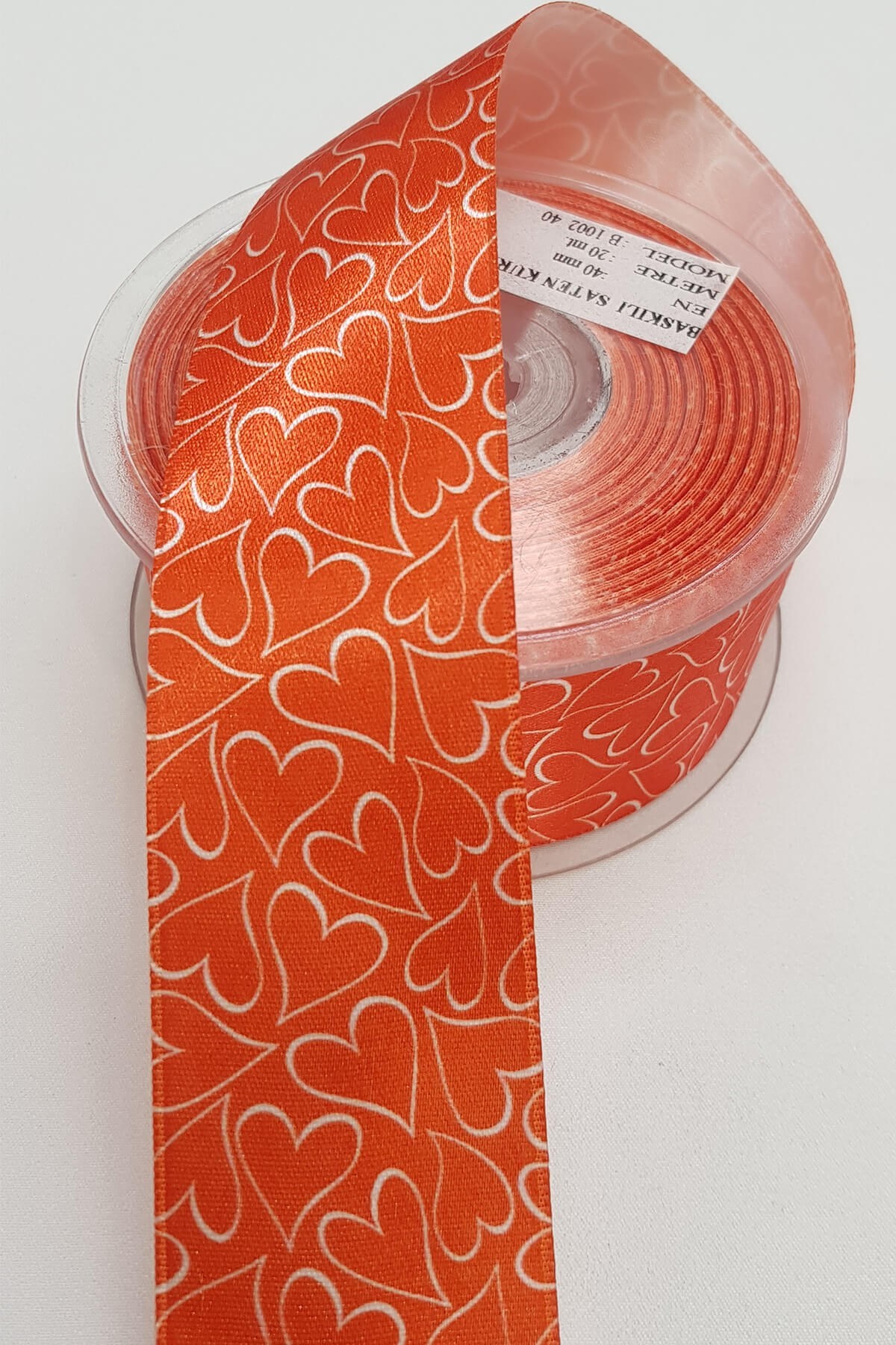 Kırmızı Kalpli Baskı Saten Kurdele 4Cm