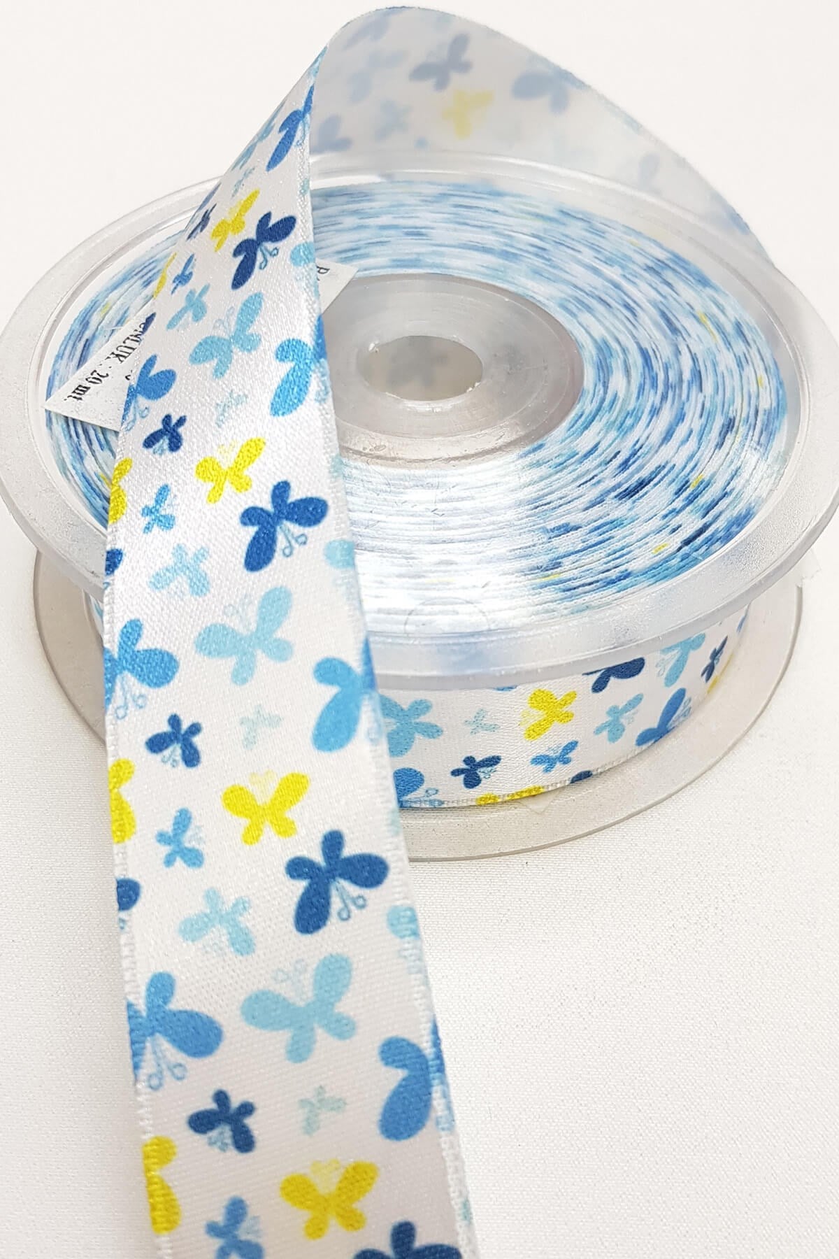 Mavi Kelebek Baskılı Saten Kurdele 2,5Cm