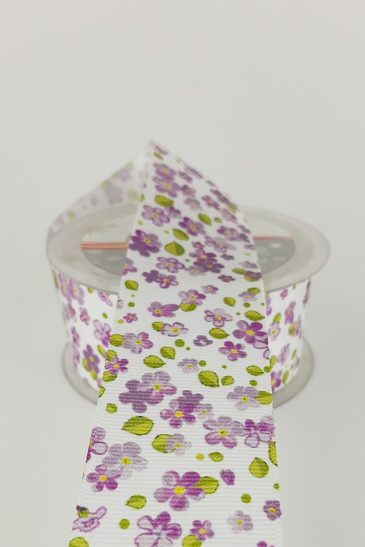 Mor Çiçek Desenli Grogren Kurdele 4 cm 20 mt