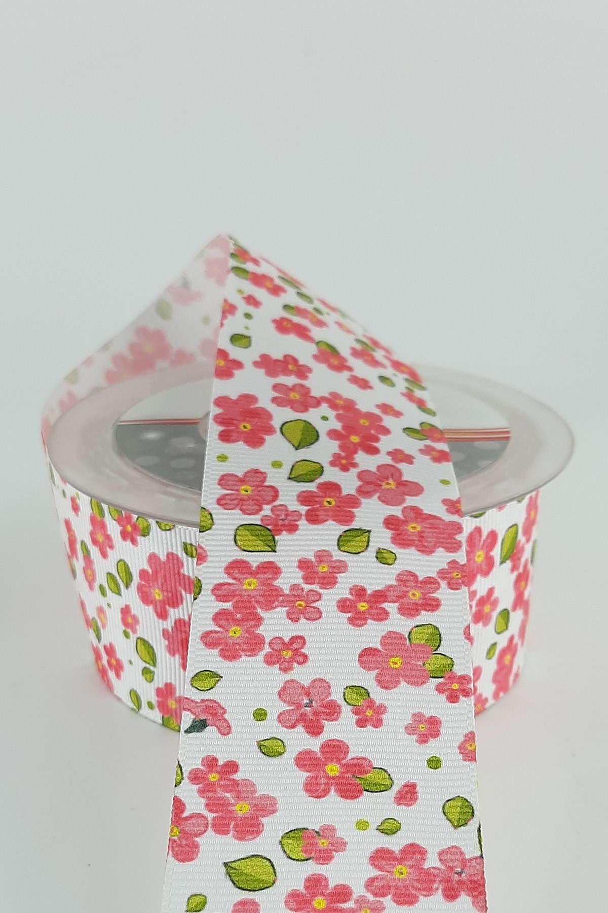 Pembe Çiçek Desenli Grogren Kurdele 4 cm 20 mt