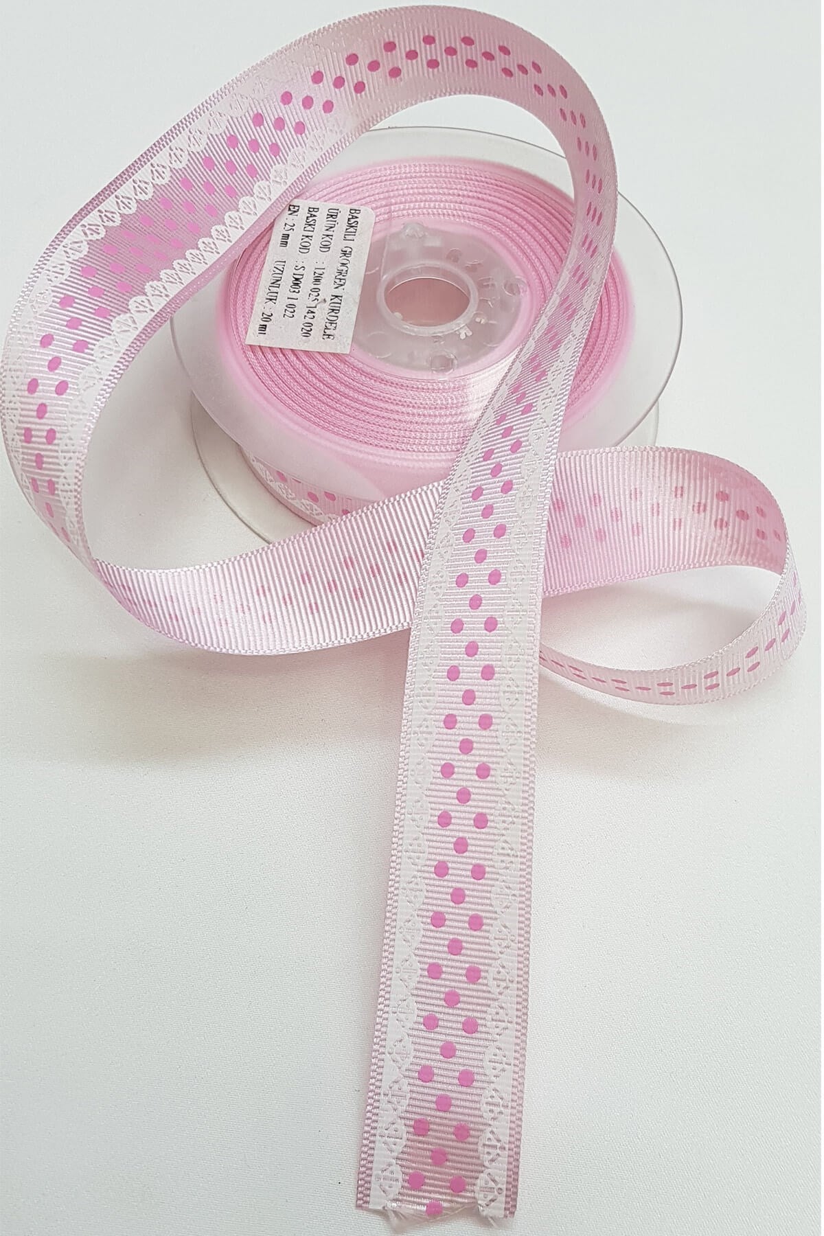 Pembe Dantel Puanlı Baskılı Grogren Kurdele 2,5Cm