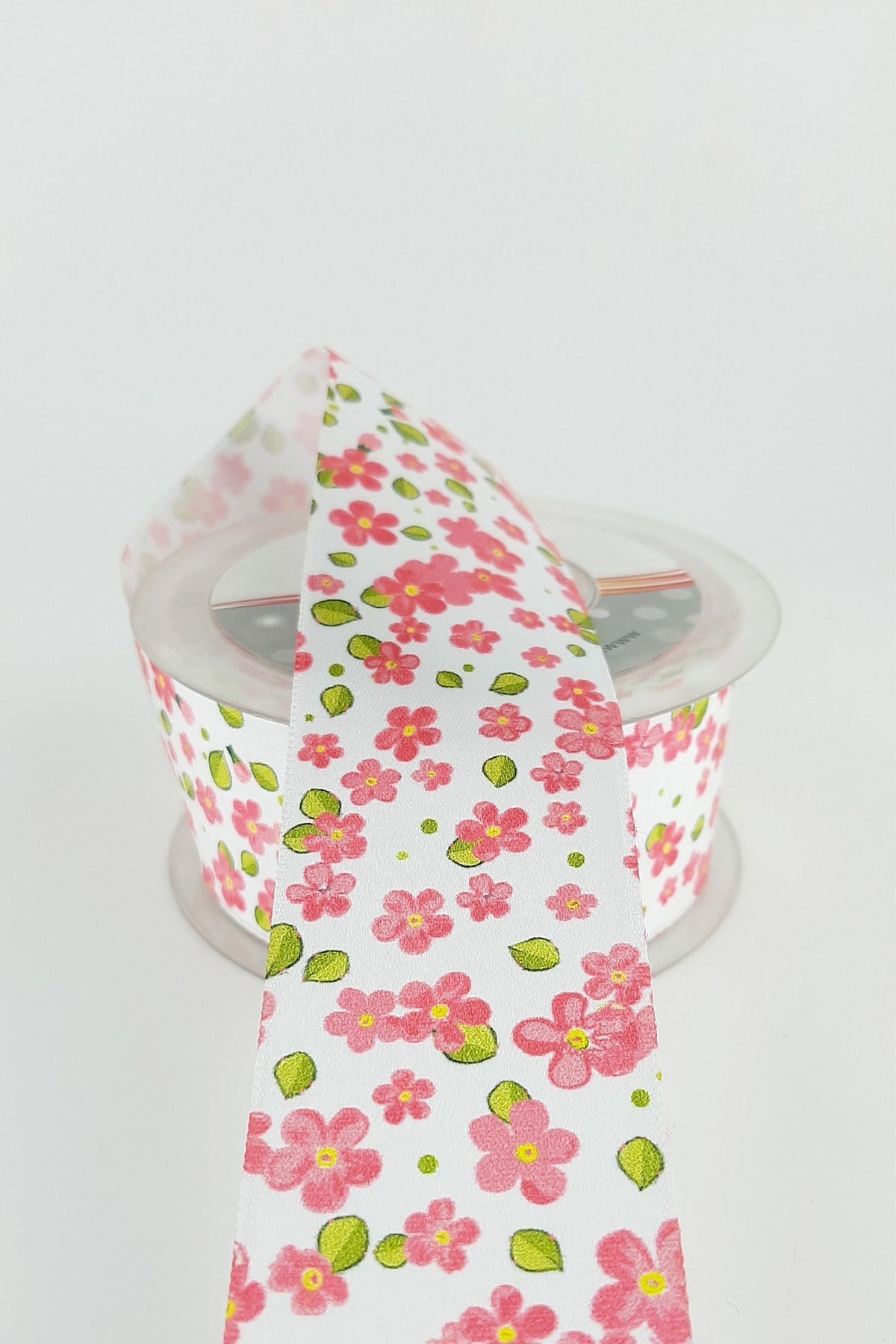 Pembe Gül Desenli Saten Kurdele 4 cm 20 mt