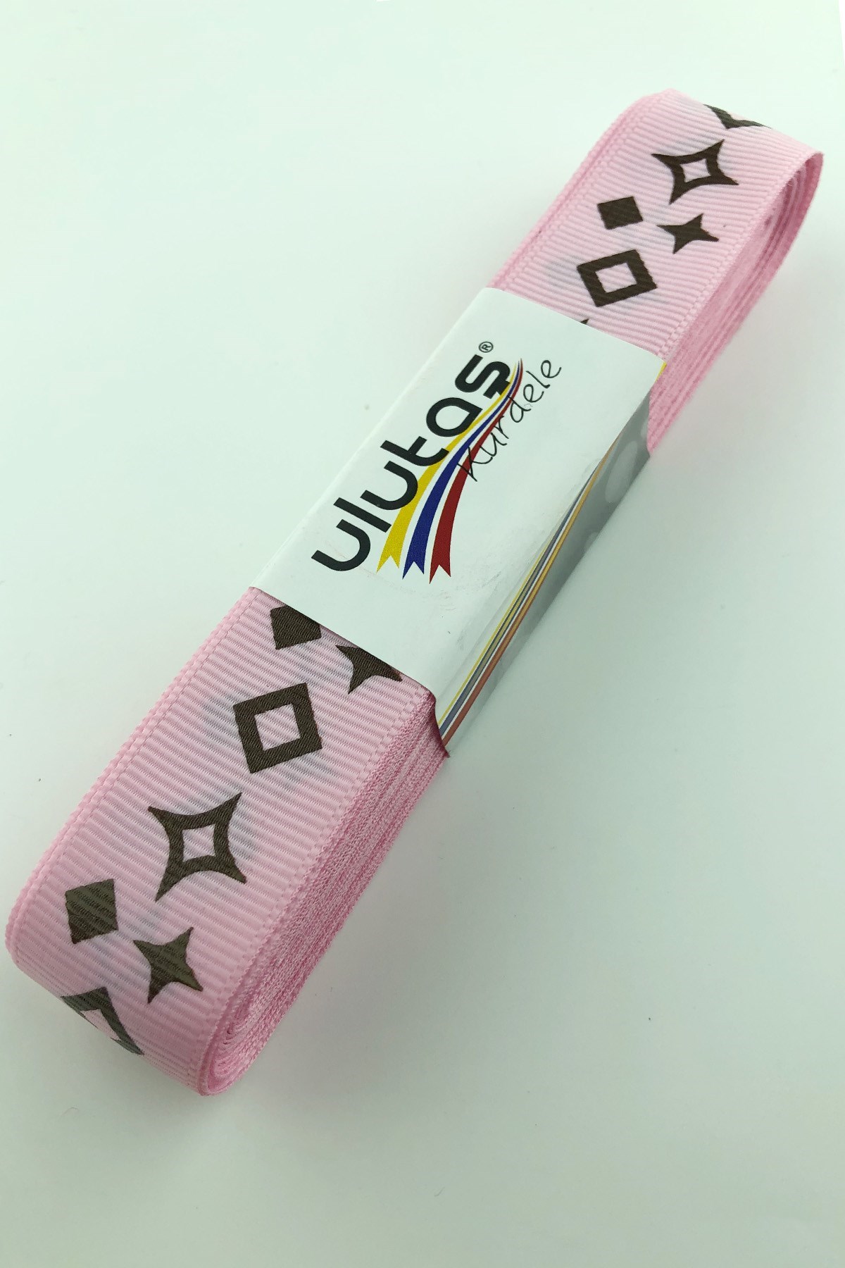 Pembe Kare Baskılı Grogren Kurdele 2,5 cm