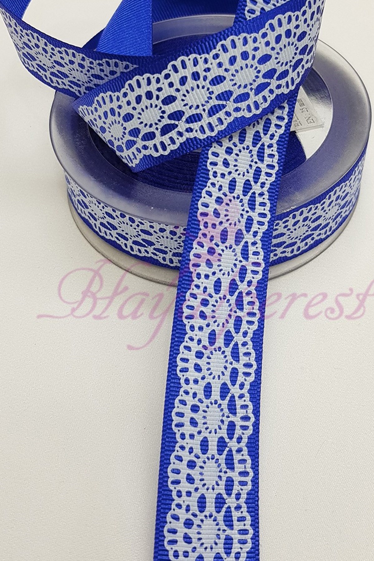 Saks Mavi Dantel Desen Baskılı Grogren Kurdele 2,5Cm