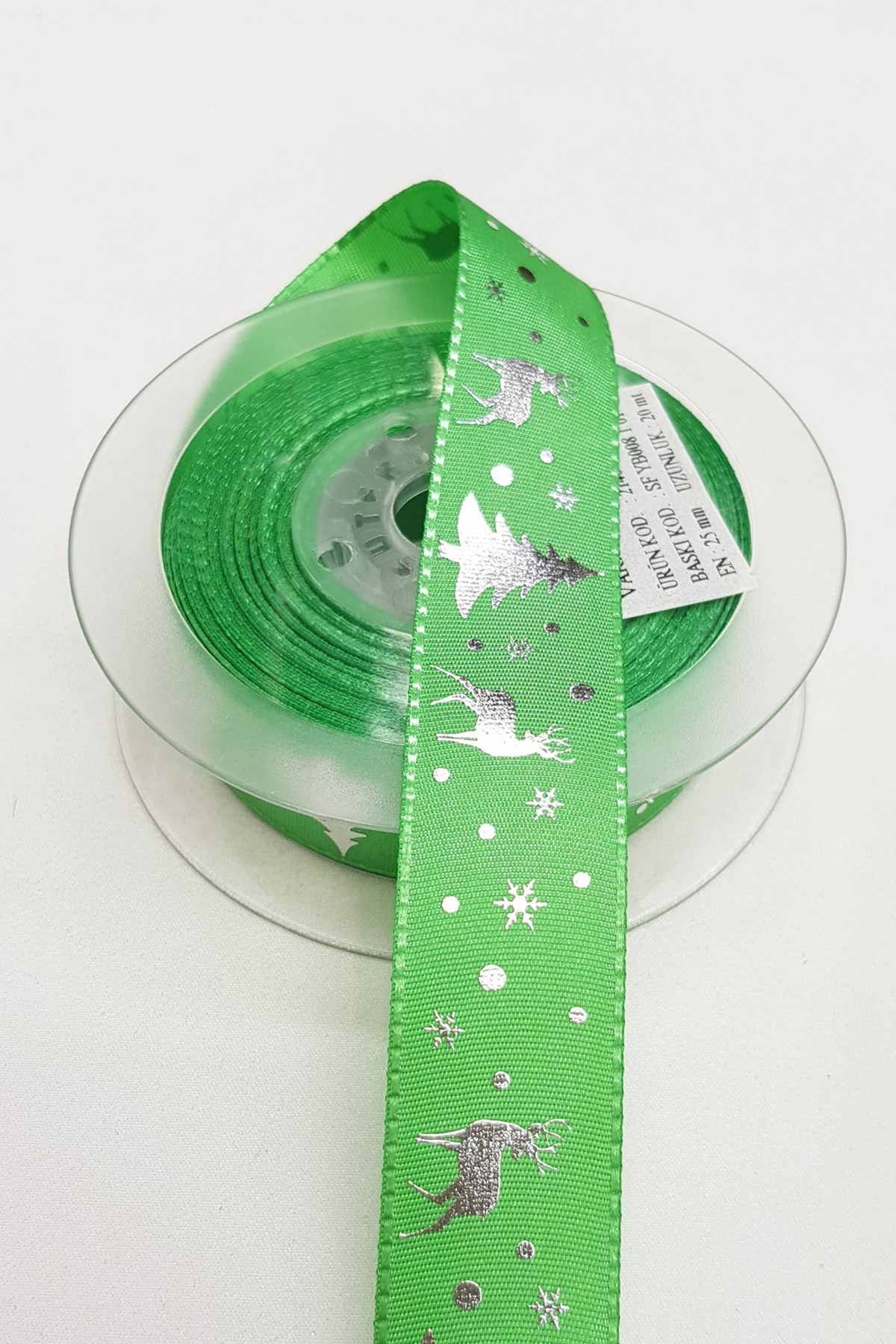 Yeşil Geyik ve Çam Agaçlı Yılbaşı Tafta Kurdele 2,5 cm