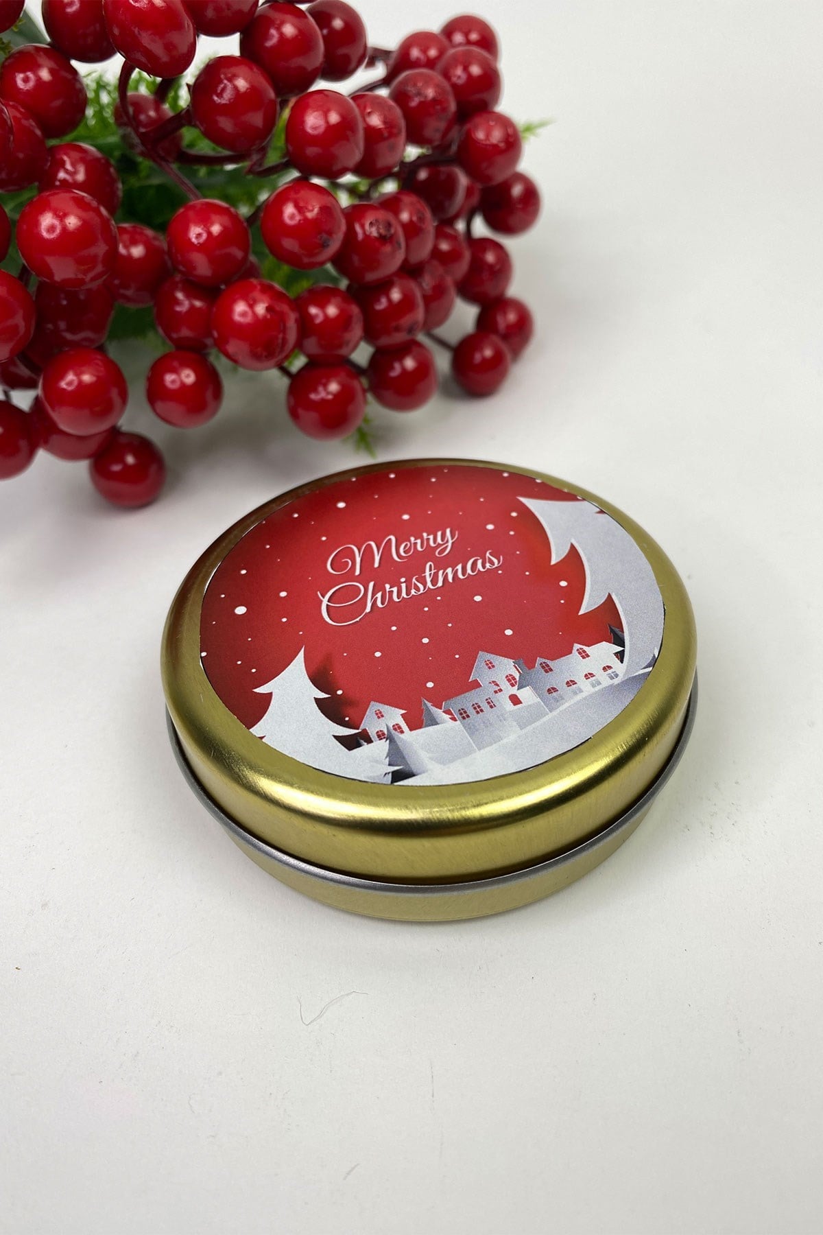 Yuvarlak Gold Teneke Kutu Kırmızı Merry Christmas Baskılı