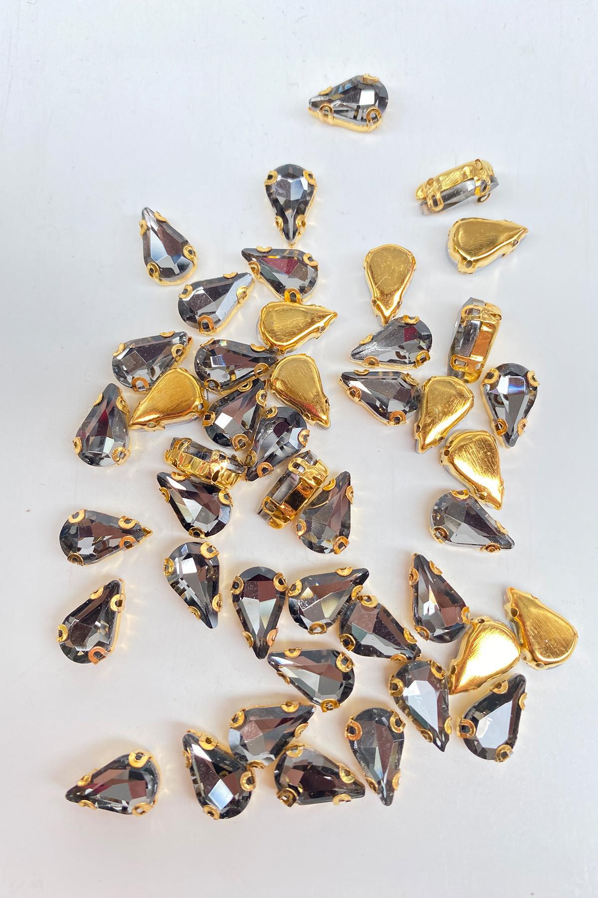 Antrasit Gri Gold Zeminli Dikme Parlak Cam Damla Boncuk 10 Adet