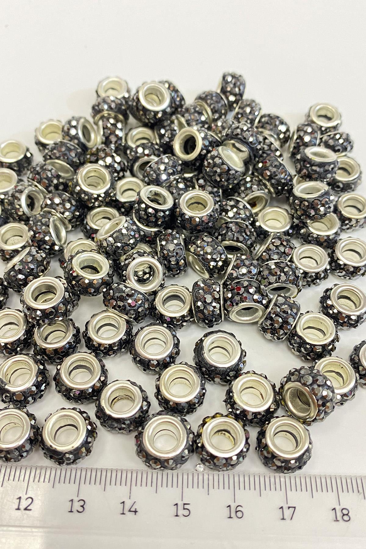 Antrasit Gri Parlak Taşlı İri Delikli Boncuk 12 mm