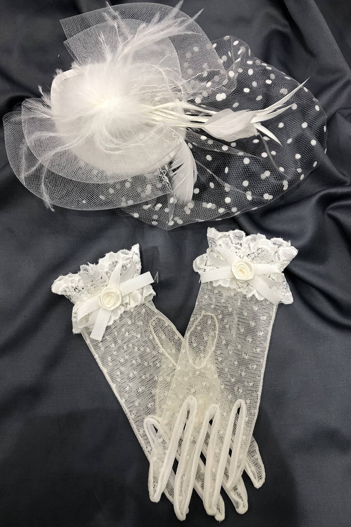 Beyaz Dantelli Eldiven-Puantiyeli Vualet Nikah Şapkası