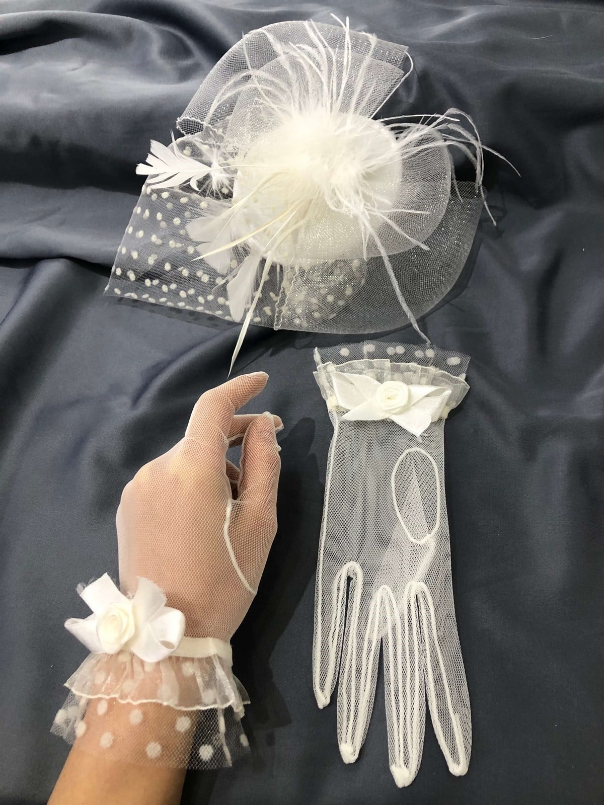 Beyaz Eldiven- Puantiyeli Vualet Nikah Şapkası