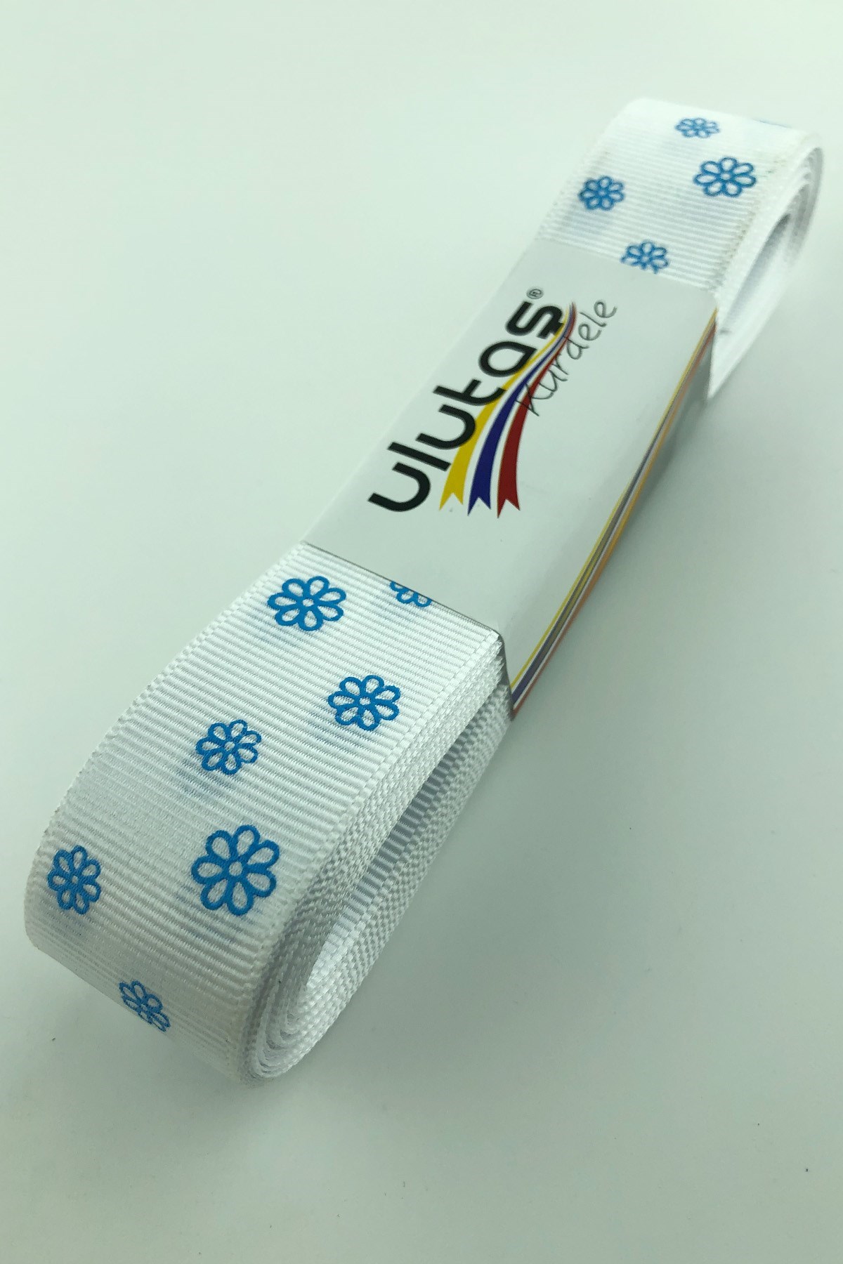 Beyaz Mavi Papatya Baskılı Grogren kurdele 2,5 cm