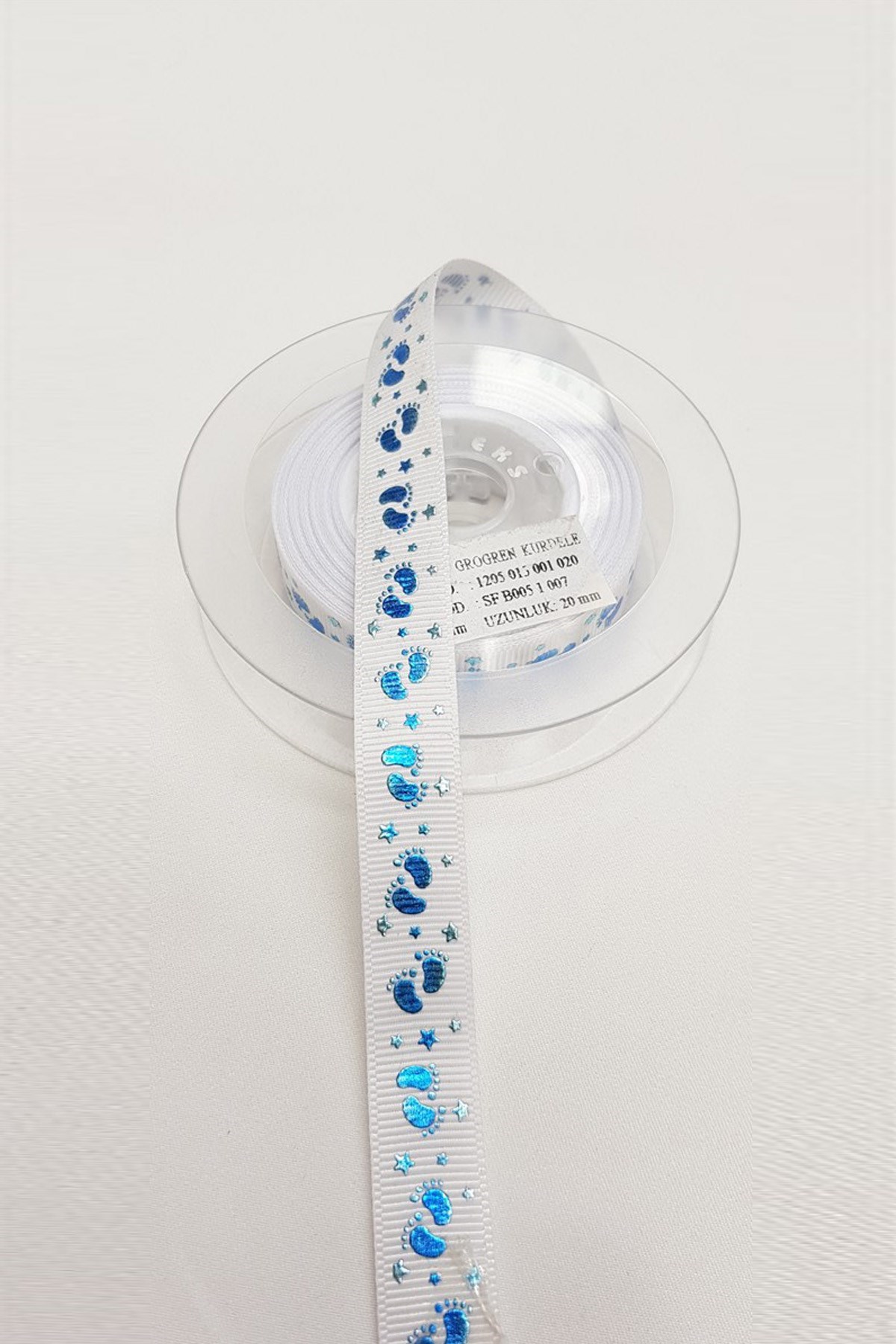 Beyaz Parlak Mavi Grogren Kurdele Bebek Temalı 1,5 cm