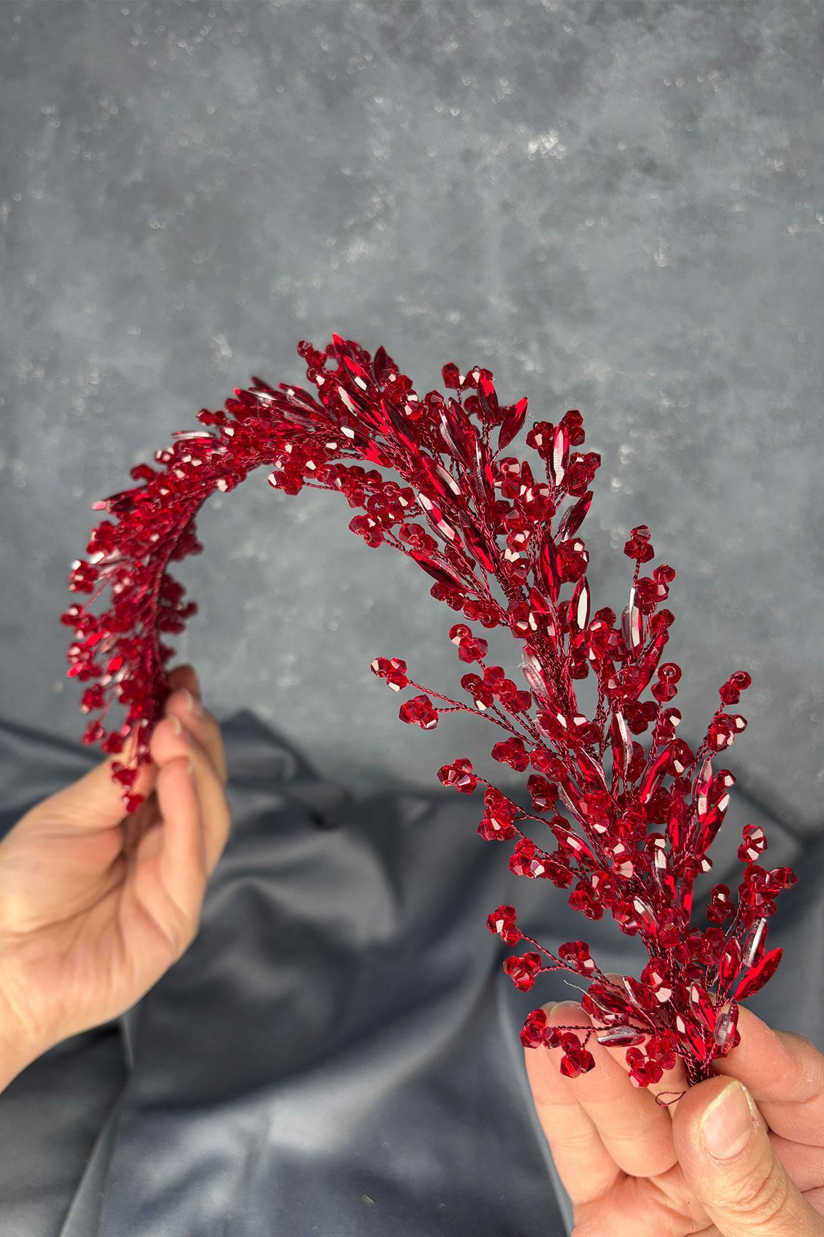 Bordo Hera Kristal Boncuklu Gelin Kına Tacı Saç Ve Türban Aksesuarı
